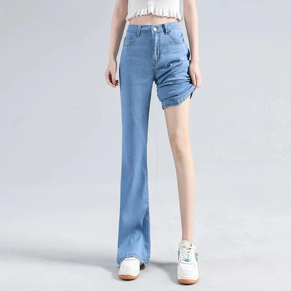 Loycell Sky Blue Ice Silk Boot Cut Pants Summer Casual High Waist Slim Simple Versatile Micro Flared Women's Jeans
