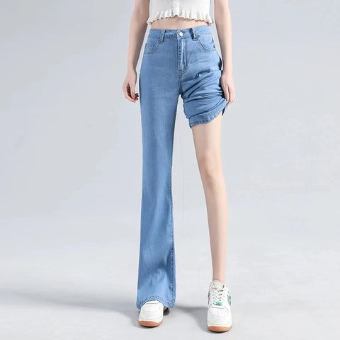 Loycell Sky Blue Ice Silk Boot Cut Pants Summer Casual High Waist Slim Simple Versatile Micro Flared Women's Jeans