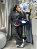 Women Casual Drawstring Waist Cinched Fleece 2 Piece Outfits Half Zip Stand Collar Sweatshirt Wide Leg Pants Set