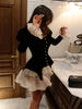 Women's Black Velvet Peplum Blouse Coat Cutout Puff Sleeve Button Front Elegant Party Long Sleeve Top Lady Outerwears