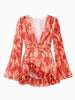 Sexy Floral Printed Mini Dress Women V-neck Flared Sleeve Waist Cinching Ruffle Bodycon Dresses Lady Party Vacation Gowns