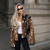 Women Deer Spot Print Faux Fur Cropped Jacket Stand Collar Dark Fur Cuff Button Up Short Coat Vintage Winter Street Outerwear