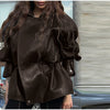 Drawstring Waist Brown Textured PU Leather Jacket Women High Neck Asymmetric Zip Button Detail Oversized Full Streetwear