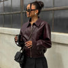 Vintage Wine Red Loose Short Leather Jacket Women Lapel Long Sleeves Zipper Cropped Coat Autumn Lady Street Outwear