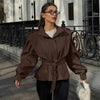 Solid Lace Up Short Trench Coat Lady Chic Stand Collar Wide Shoulder Full Sleeve Loose Coats Daily Casual Windbreaker