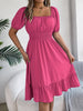 Solid Puff Sleeve Square Neck Ruched Bust Ruffle Hem Wasit Dress, Women's Clothing