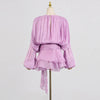 Elegant Womens Ruffle Mini Dress Long Lantern Sleeve Tie-up Front Solid Color Pleated Dress Short Flowy Dress Party Club
