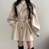 Women Woolen Coat Cinched-Waist Autumn Winter Tweed Sashes Lantern Sleeve Solid Color Coat Women's Clothing