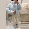 Winter Puffy Warm Women's Padded Coat Detachable Hooded Full Sleeve Zip-up Cropped Cotton Coats Lady Solid Thicken Jacket
