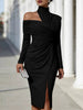 Elegant Hight Waist Draped Bodycon Dresses High Collar Split Midi Dress Women Casual Long Sleeve Solid Slim Party Dress