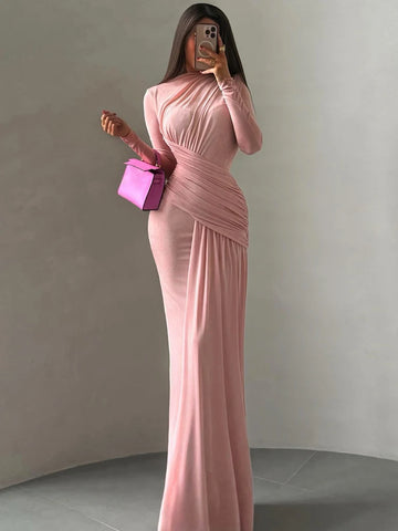 Folds Maxi Dress Women o-Neck Full Sleeve Solid Banquet Elegant Vacation Autumn Skinny Casual Simple Vestidos
