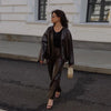 Street Zipper Leather Jackets Skirts Sets Women Loose Stand Collar Full Sleeve Coat Straight Skirt Autumn Winter Lady Suit