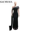 Street Women Diamonds Rhinestones Skew Collar Bodycon Maxi Long Dress Fall Vacation Evening Party Dresses Vestidos