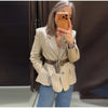Women's Striped Blazer Belted Single Breasted Long Sleeve Lapel Neck Coat Female Casual Daily Commute Office Jacket