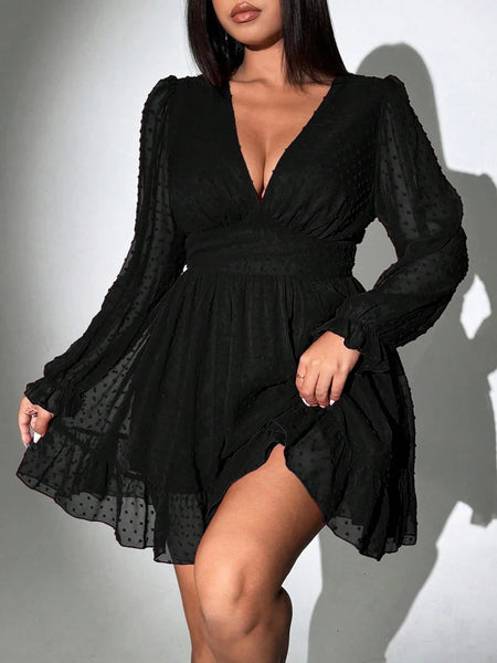 Plus Size Sexy V-Neck Short Dress Solid Polka Dot Long-Sleeve American Slim A-Line Skirt Elegant Party Women's Evening Dres