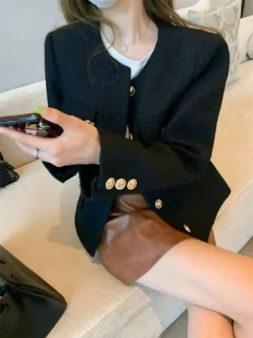 French Wool Tweed Coat Gold Button Short Slim Temperament Spring and Autumn Korean Coats Women Jacket