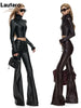 Spring Autumn Long Fitted Soft Black Pu Leather Flare Pants for Women Low Waist Sexy Designer Gyaru Clothes