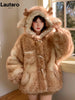 Autumn Winter Thick Warm Sweet Cute Lace Patchwork Faux Fur Coat Hoodie Women with Deer Ears Horn Buttons Fluffy Jacket