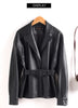 Women Split Leather Blazer With Slim Waist Belt Spring Autumn Notched Collar Loose Leather Jacket Female Coat
