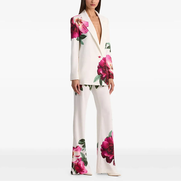 High Street Designer Runway Suit Set Women's Floral Printed Blazer Flare Pants Suit 2pcs