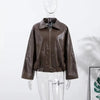 Vintage PU Leather Jacket Autumn Ladies Zipper Lapel Long Sleeve Pocket Coat With Belt Women's Loose Streetwear
