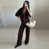 Brown V-Neck Knit Shirt Pants Set Women Solid Long Sleeve Top Empire Straight Loose Trousers Lady Spring Suit