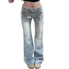 Women Vintage Light Blue Wash Flared Jeans Y2k Lace Low Rise Slim Fit Denim Pants Bell Bottom Streetwear Casual Trousers