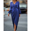 Women's Satin Evening Party Maxi Dress Draped Silk V-Neck Long Sleeve Office Lady Midi Dresses Vestidos Sexy Chic Robes Longue