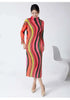 High Collar Long Sleeve Women Dresses Contrast Color Striped Pleated Slim Mid-Calf Elegant Clothing 2DC1022