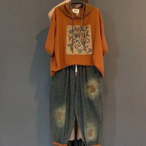 Vintage Plus Size Jeans Set Women's Two-Piece Outfit Casual Suit Denim Pants Ladies Hooded T-Shirt Printed Jeans Sets