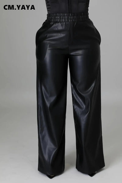 Women Faux Leather Straight High Waist PU Pants Elegant Autumn Winter Solid Wide Leg Black Trousers