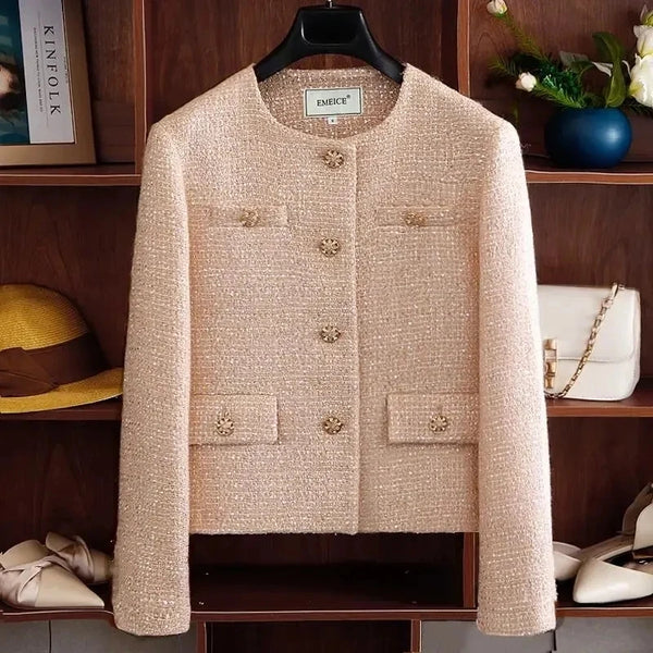 Women's Short Jacket Spring Autumn Round Neck Temperament Tweed Lady Outerwear Long Sleeve Ladies Leisure Coat