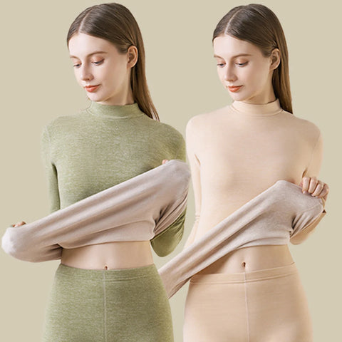 Women's Cashmere Silk Thermal Underwear Thermal Tops Warm Pants Thickened Solid Color Half Turtleneck Long Sleeve Winter Clothes