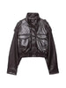 Women's Faux Leather Short Jacket Coat Long Sleeve High Collar Chic Top with Flap Pockets Female Outerwear