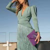 French Elegant Deep V Neck Slim Prom Dresses Spring Solid Spliced Tassel Long Dress Woman Long Sleeve Autumn Maxi Dress