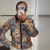 Vintage Floral Print Women Cropped Jacket Contrast Velvet Collar Zip Up Long Sleeve Slim Fit Side Pockets Coat Outerwear