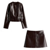 Vintage Women Leather Sets Lapel Single Breasted Jacket Slim Fit Mini Skirt Retro Fashin Female Suit Lady Jacket Skirt Sets