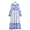 Boho White Blue Totem Print Bow Lacing up Neck Long Straight Dress Women Viscose Cotton Full Sleeve Maxi Robe Holiday