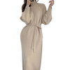 Vintage Turtleneck Buttons Long Sleeve Long Dresses Winter Casual Loose Knitwear Warm Women Knitted Dress Black Apricot