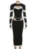 Jacquard Patchwork Dress Women Chic Hollow Full Sleeve O-Neck Stretch Skinny Sexy Hottie Banquet Party Club Vestidos