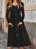 Elegant Solid Color Button-Detail Round Neck Long Sleeve Mid-Length Plus Size Women's Dress for Autumn