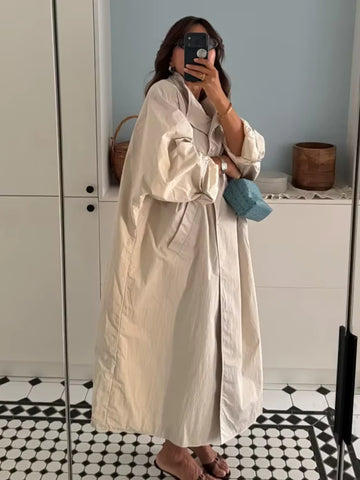 Solid Casual Long Trench Coat Women Lapel Collar Single Breasted Batwing Sleeve Windbreaker High Street Oversized Outerwear