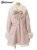 Winter Japanese Sweet Bow Slim Medium Long Woolen Coat Faux Fur Collar Lolita Girl Women's Pink White Wool Jacket Overcoat