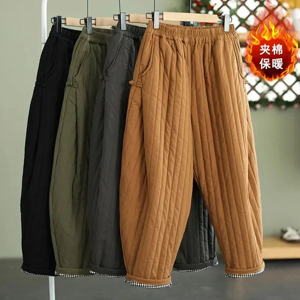 Women's Warm Pants Autumn Winter Vertical line pressed Solid Cotton padded Elastic waist band Buckle Casual Carrot trousers