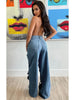 Women Vintage Cutout Hollow Out Criss Cross Straight Denim Pants High Waist Wide Leg Jeans Trousers