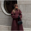 Burgundy Long Trench Coat Women Lapel Double Breasted Belted Waist Cape Collar Overcoat Loose Windbreaker Lady Winter Outerwear