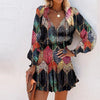 Women's Long Sleeve Mini Dress V-neck Drawstring Leopard Printed Waist Tied Dress Elegant Office Lady Dresses For Women