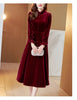 Wine Red Golden Velvet Dress Women Spring Autumn Long Sleeved Long Dresses Female Temperament Evening Party Dress Mujer Vestidos