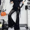 Goth Drak Elegant Flocking Print Long Pants 90s Grunge Mesh See Through Bodycon Flare Pant Mall Gothic Women Trousers
