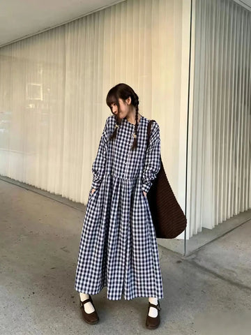 Vintage Y2K Plaid Women Loose Casual Long Dress Spring Autumn Long-sleeved A-line Maxi Dress Streetwear Cotton Blend J401
